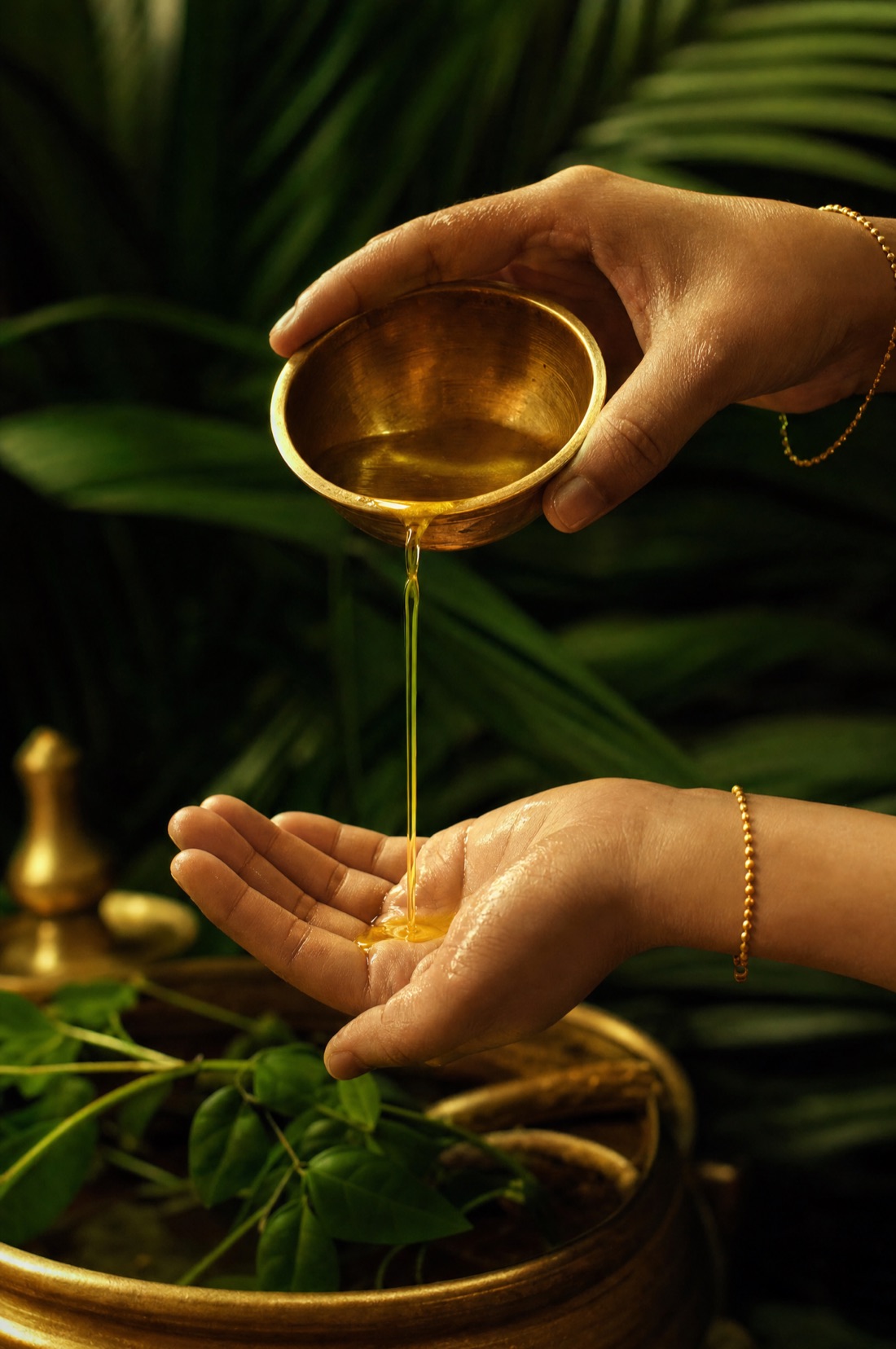 Golden ayurvedic herbal oil poured from a brass bowl into an open palm
